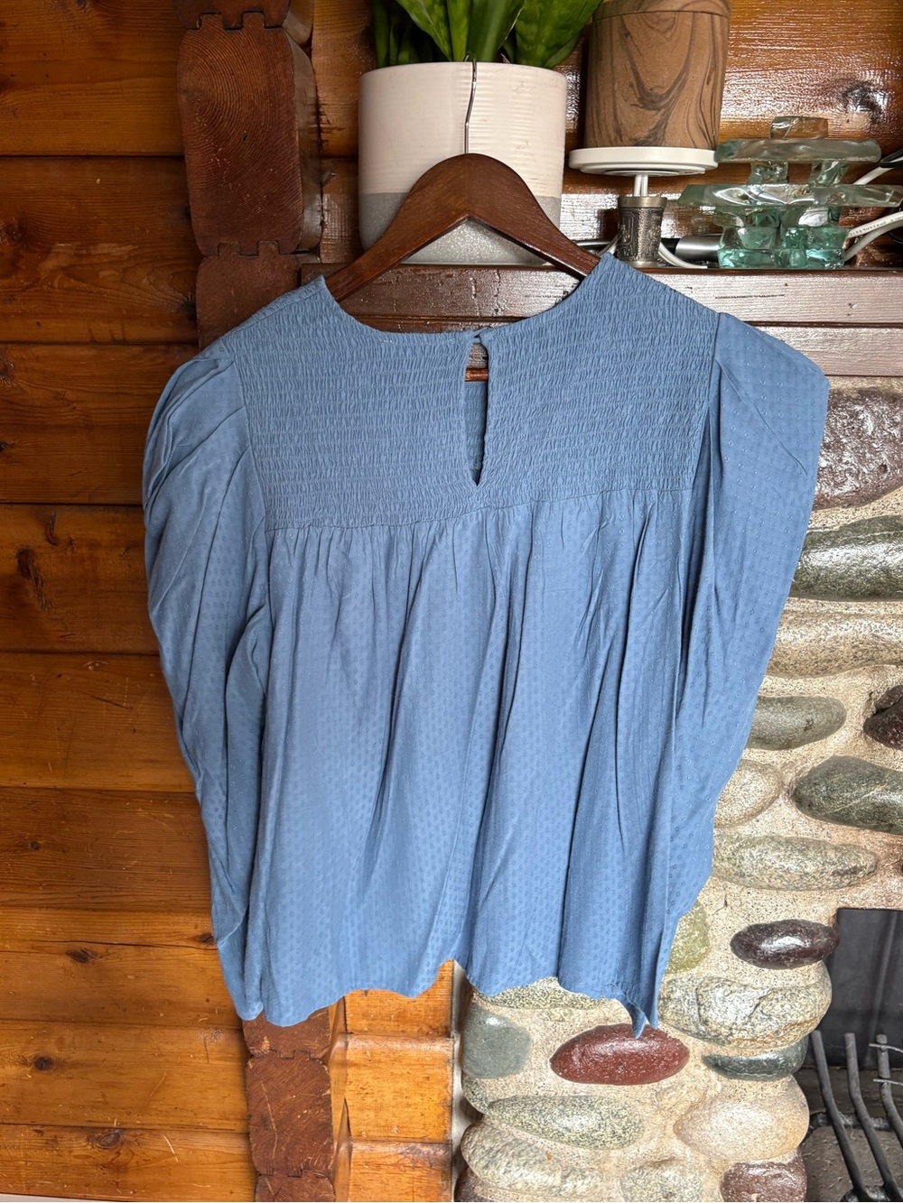 NWT Aritzia Little Moon Solarium Swiss Dot Smocked Blouse NWT Blueprint Blue L - Picture 7 of 10